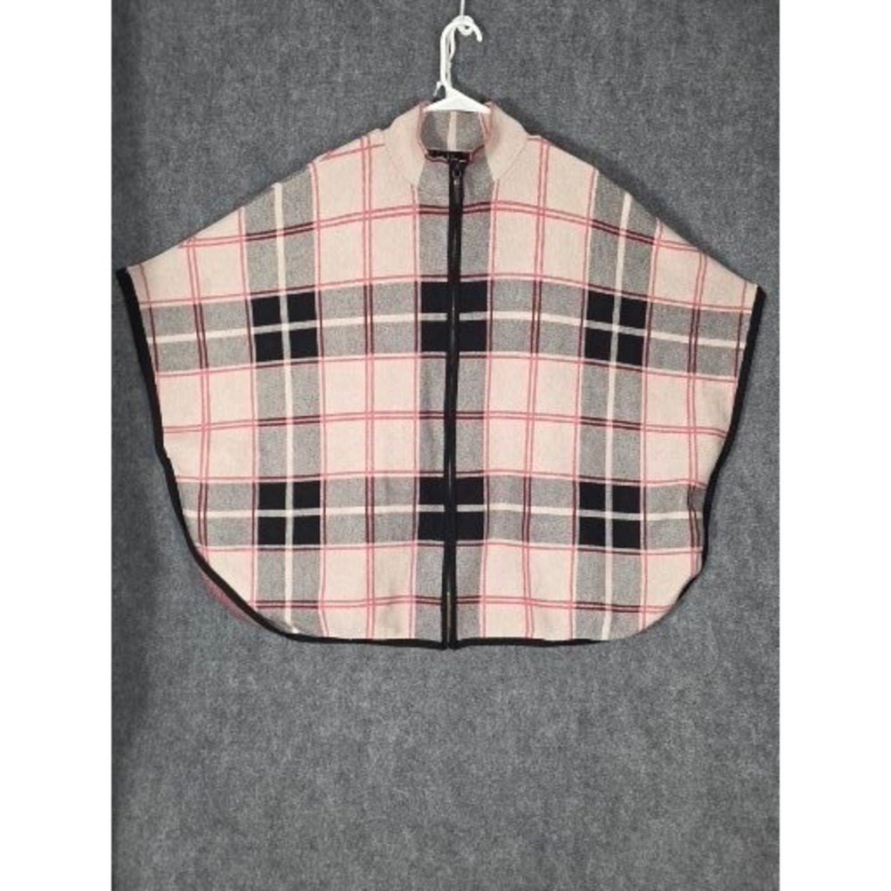 Nicole Miller New York Plaid Zip Front Poncho Cape L XL Beige Pink Black Boho